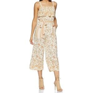 American Eagle Floral Smocked Jumpsuit Size Small Ivory Wide Leg Romper